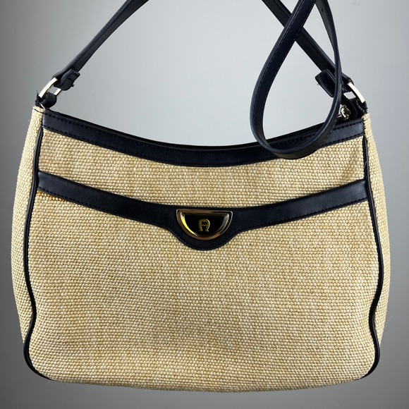 Etienne Aigner Handbags - Etienne Aigner Shoulder Bag Small Beige Black Jute Woven Straw Good
